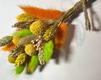 Yellow and orange coloured Dried Flower mini bunch, Cake Topper, boutonnières, corsage, cake topper, bunny tails bunch, billy buttons