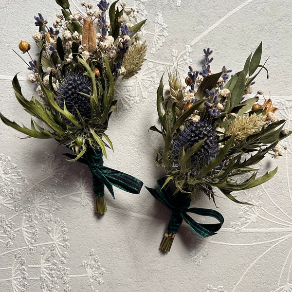 Boutonniere of dried flowers, tartan, Baby's Breath, Buttonhole, boutonnière, wedding corsage, dried flowers, Scottish theme, plaid