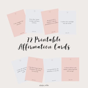 May include: Set of 72 printable affirmation cards with pink and white backgrounds. The cards feature positive affirmations such as "I am a magnet for miracles" and "I trust the universe to guide me on the path".