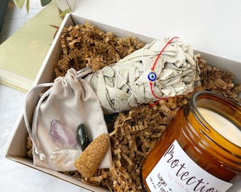 Protection, Manifest, Repel Negative Energy, Banish Evil Spirits, Spiritual Box | White Soy Intention Candle + Healing Crystals | JuJuTribe