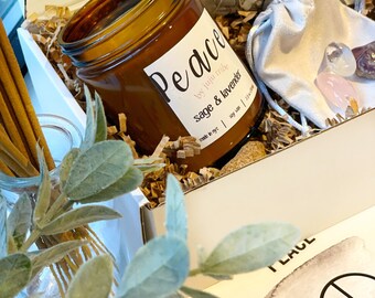 Manifest Peace, Achieve Mental Clarity Spiritual Box | White Soy Intention Candle + Healing Crystals for Balance | JuJuTribe