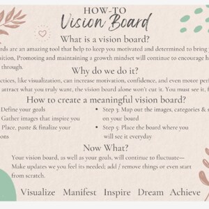 Może przedstawiać: Ilustrowany przewodnik w jasnobrązowym i zielonym kolorze, jak stworzyć tablicę wizji. Tekst zawiera tytuł "How-To Vision Board" oraz kroki tworzenia tablicy wizji. Tekst zawiera r&oacute;wnież słowa "Wizualizuj, Manifestuj, Inspiruj, Marz, Osiągnij".