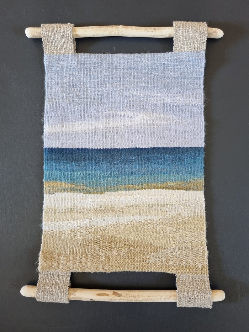 Small hanging wall Decor, woven Tapestry, blue Sea, handweaving wall Art, birthday gift, handmade landscape, home decor, housewarming fibre image 2