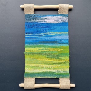 Handwoven tapestry decor, abstract wall art, blue green textured weaving, small wall hanging, housewarming gift, earth tones textile art