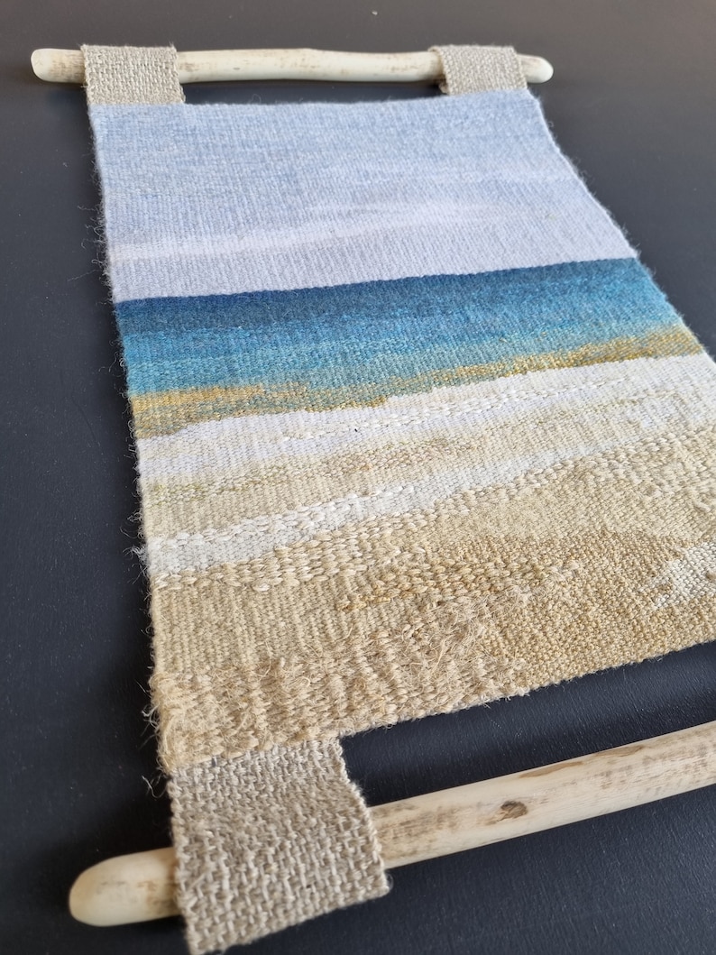 Small hanging wall Decor, woven Tapestry, blue Sea, handweaving wall Art, birthday gift, handmade landscape, home decor, housewarming fibre image 5