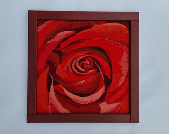 Flower tapestry Red Rose, handwoven wall hanging decor, flower art in frame, woven red tapestry framed, house warming gift