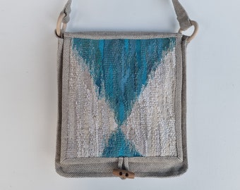 Handmade tapestry woven trendy bag, aesthetic crossbody beach design, teal hand woven art detail, womens style, unique woven hobo art bag