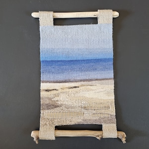 Handwoven Sea Tapestry: Linen & Wool Fiber Art with Seaside Wood