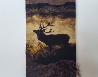 Handwoven wall tapestry " The Deer ", unique forest life art decor for hunters, nature and animal lovers, vintage yearn textured tapestry