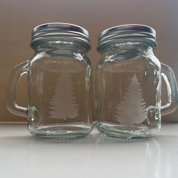 Pine Tree Etched Glass Salt and Pepper Shaker Set of Two
