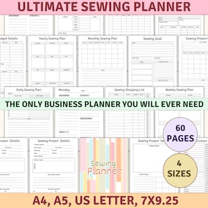 May include: A printable sewing planner with 60 pages in four sizes: A4, A5, US Letter, and 7x9.25. The planner includes sections for budgeting, daily and weekly planning, project details, and shopping lists. The cover features a colorful striped design with the text "Sewing Planner".