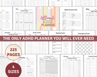May include: A planner with the title "Ultimate ADHD Planner" and the text "The Only ADHD Planner You Will Ever Need". The planner has 225 pages and comes in four sizes: A4, A5, US Letter, and 7x9.25. The planner includes sections for monthly budget, debt tracking, grade tracking, weekly goals, emergency fund, and more.