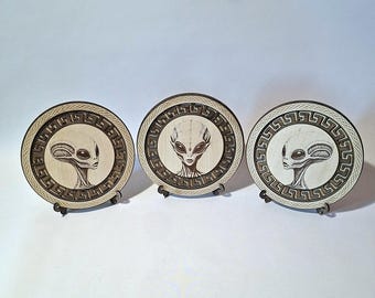 Three Aliens, layered wooden alien species decor, art, tabletop, gift, wall decor