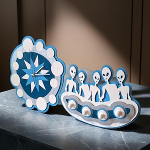 Alien väggklocka och nyckelhållare, minimalistisk väggdekoration,