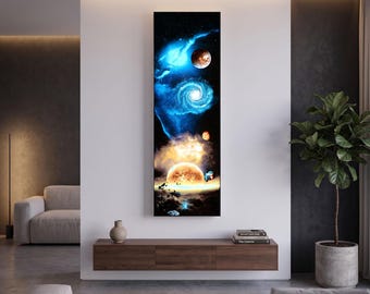 May include: A tall, vertical rectangular wall art piece depicting a deep space scene with a glowing orange planet, a bright blue spiral galaxy, and scattered asteroids against a dark, starry background with vibrant blue and gold nebulae.