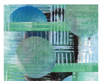 May include: Abstract art print featuring overlapping circles in shades of blue and green with a black and white striped pattern in the background.