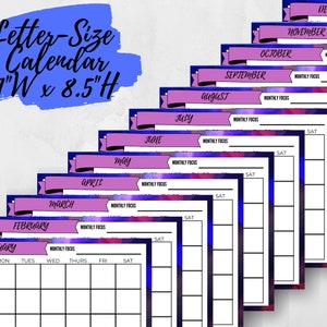 Letter-Size Undated Monthly Calendar Printable, Sunday Start or Monday Start