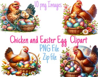 Chicken And Easter Egg Clipart with Flowers And Easter Basket/Easter Day / Easter Chicken/ Clipart Printable / Digital Downloadable/