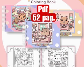Könnte beinhalten: Ein Malbuch mit niedlichen Capybaras in verschiedenen Szenen. Der Einband zeigt ein Capybara, das ein Kleid trägt und eine Blume hält. Das Buch hat 52 Seiten und ist als PDF-Download erhältlich.