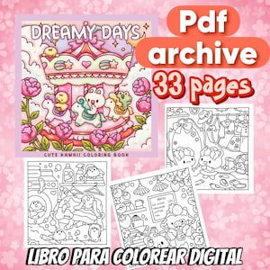 PDF coloring book for children and adults. Digital file. Kawaii style. Cute kawaii coloring book. Dreamy Days.