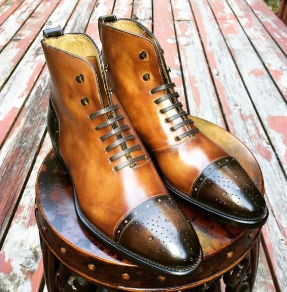 Men s Handmade Two Tone Tan Brown Patina Leather Shoes Men s