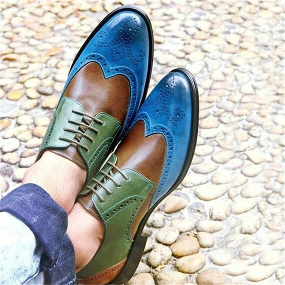 Handmade Three Tone Multi Colors Oxford Brogue Wingtip Lace Up Derby Shoes