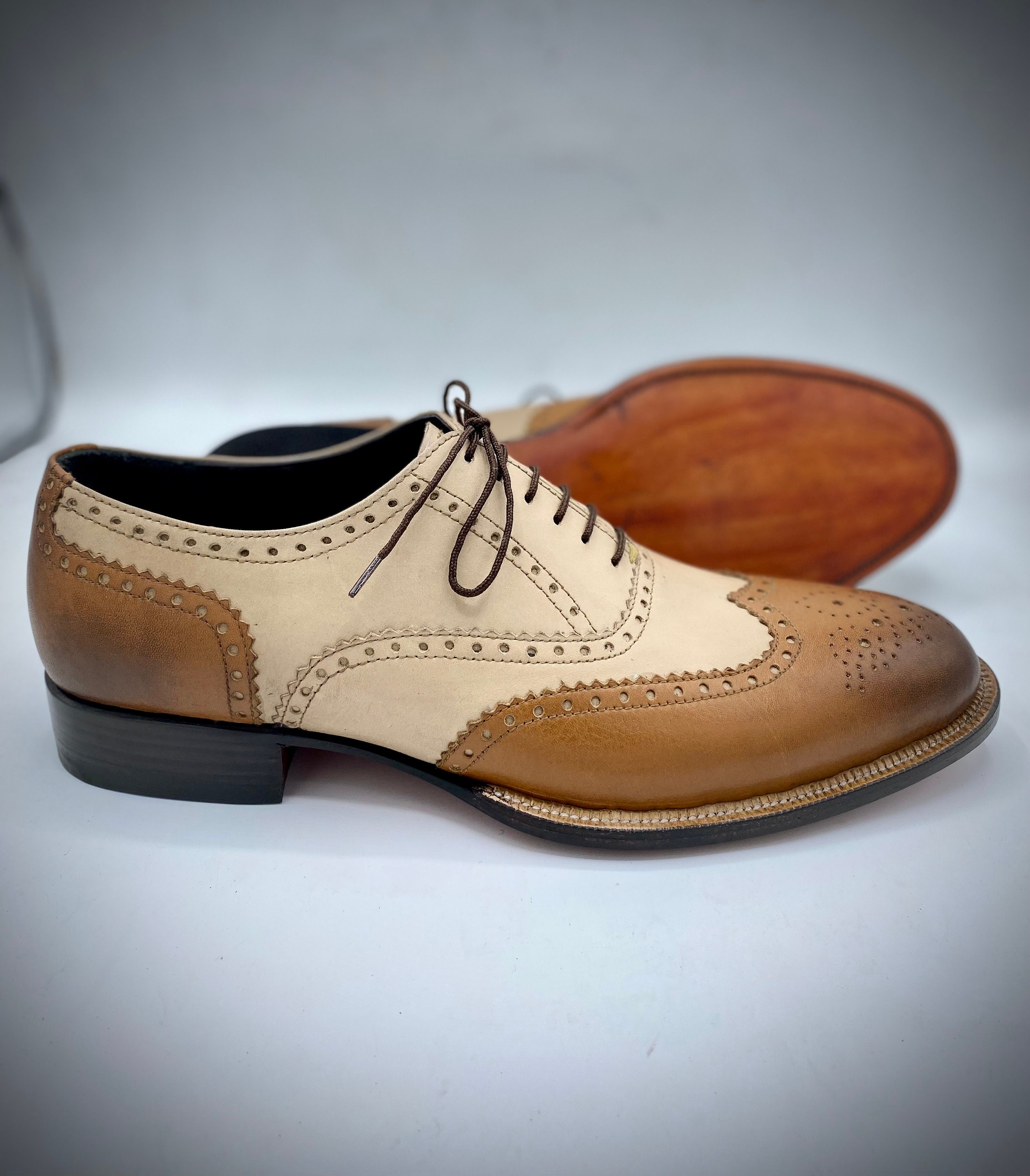 Bespoke Handmade Cream Leather and Tan Leather Oxford Shoe, Men's Dress