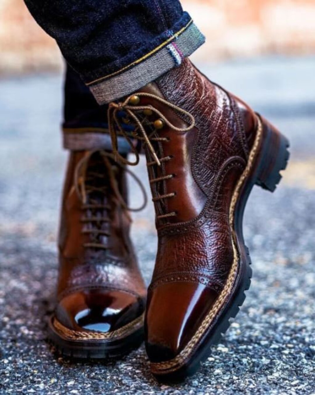 Men's Handmade Two Tone Burgundy Leather Ankle High Boot, Men's Grain ...