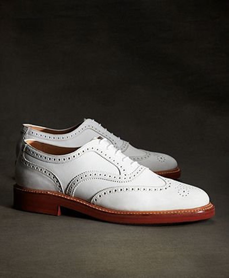 Men's Bespoke White Leather Oxford Brogue Wingtip Lace Up, Men's ...