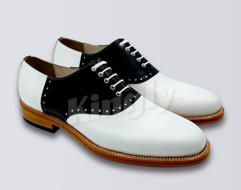1950s Saddle Shoes – Saddle Oxfords     Mens Handmade Two Tone White & Black Leather Shoes Mens Oxford Brogue Lace Up Shoes  AT vintagedancer.com