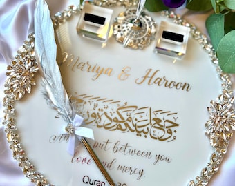 11.5” Nikah / Wedding Ring tray set with feather pen and 2 ring holders