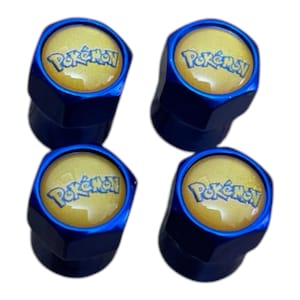 May include: Set of four blue tire valve stem caps with a yellow Pokemon logo.