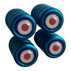 May include: Four blue tyre valve stem caps with a red, white and blue target design.