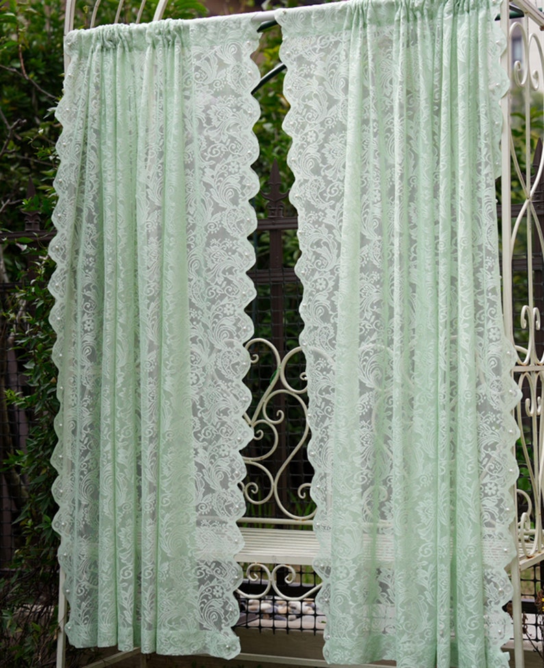 French Vintage Curtain Green Lace Curtain Bay Curtains Etsy
