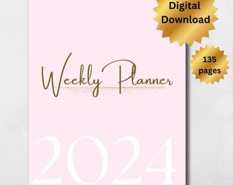 Weekly, Monthly, Yearly Planner, 2024 Yearly Printable Planner, Pink Aesthetic