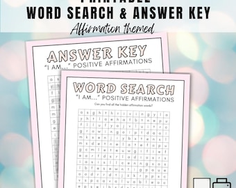 Word Search Puzzle, Positive Affirmations, Printable Activity Worksheet for Kids and Adults, Self-Esteem Activity
