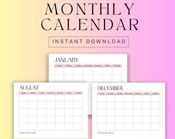 Pink Blank Monthly Calendar: Printable 12-Month Planner (Digital Download)