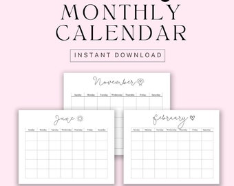 Blank Monthly Calendar - 12 month printable planner (Digital Download)