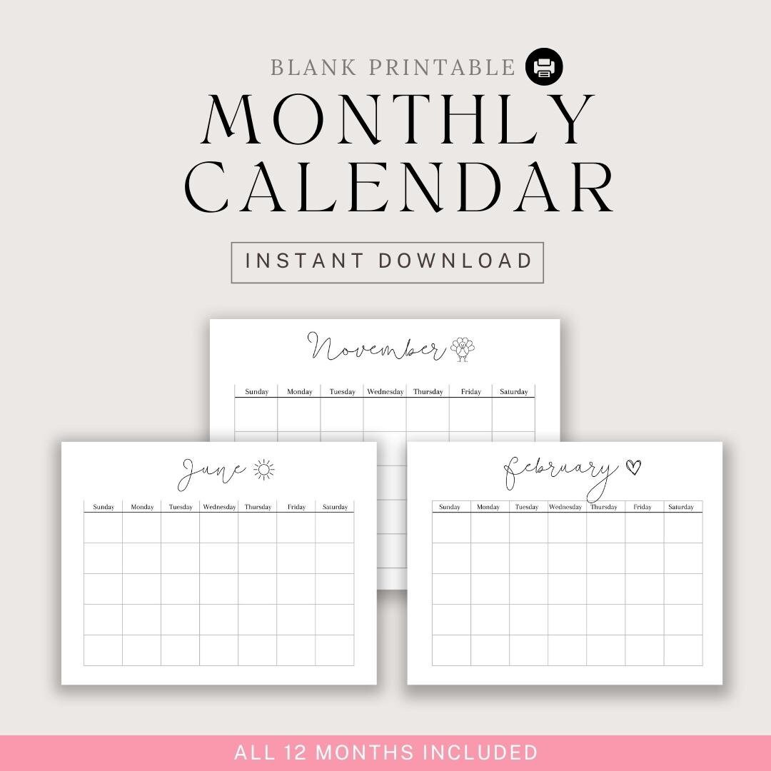 Printable Blank Monthly Calendar, Landscape 11 X 8.5
