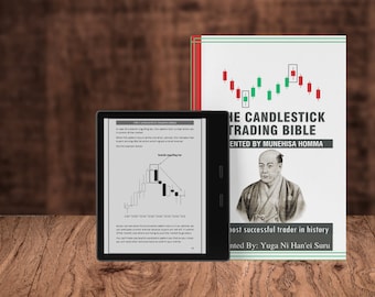 May include: An e-reader and a book titled "The Candlestick Trading Bible" are displayed on a wooden surface. The book cover features a candlestick chart and a portrait. The e-reader shows a page with candlestick patterns.