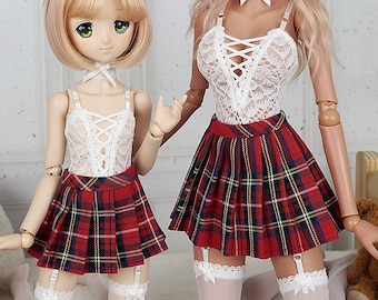 MSD, Smart Doll, 1/4, 1/3 BJD - Red Tartan Checkered pleated skirt, school uniform for dolls