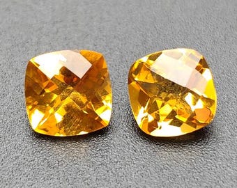 Natural Citrine Gemstone Pair, 4.00 Carat, Checkerboard Cut Cushion Stones Golden Color, November Birthstone
