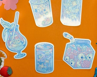 2.5” Sticker | Cute Pastel Frogs | Beverage Summer Themed Stationary