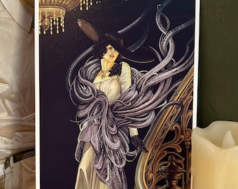 May include: A woman in a white dress and a black hat stands on a staircase. She is surrounded by swirling purple tendrils. The background is dark and mysterious.