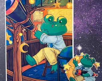 4" Sticker / 5"x7" Art Print | Frogs with Jobs - Astronomer