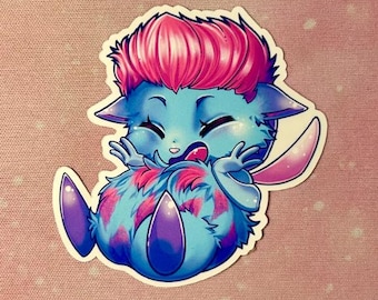 May include: A sticker featuring a cartoon creature with blue fur, pink hair, and purple accents. The creature has a happy expression, with its mouth open and arms outstretched. The sticker has a white border and is set against a pink background.