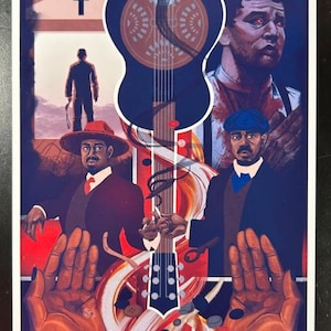May include: A stylized poster featuring a dark blue guitar overlaid on a red and white background. The image includes portraits of men, a church, and hands. The color palette is dominated by blues, reds, and browns, creating a dramatic and artistic composition.
