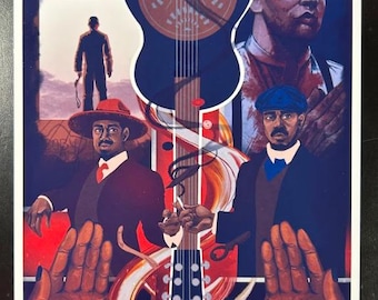 May include: A stylized poster featuring a dark blue guitar overlaid on a red and white background. The image includes portraits of men, a church, and hands. The color palette is dominated by blues, reds, and browns, creating a dramatic and artistic composition.