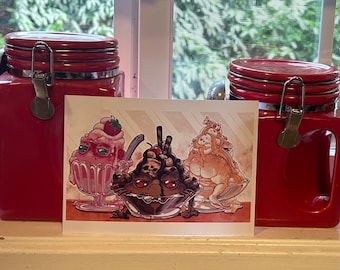 May include: A colorful illustration of three ice cream sundaes. The first sundae is a strawberry sundae with a cherry on top. The second sundae is a chocolate sundae with a cherry and whipped cream on top. The third sundae is a vanilla sundae with a cherry and whipped cream on top.