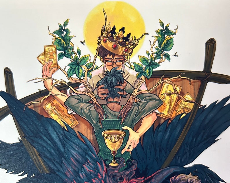 K&ouml;nnte beinhalten: Eine digitale Illustration von zwei Figuren, eine tr&auml;gt eine Krone und die andere h&auml;lt einen Kelch. Die Figuren sind von &Auml;sten, Bl&auml;ttern und Tarotkarten umgeben. Der Hintergrund ist dunkelblau und schwarz.